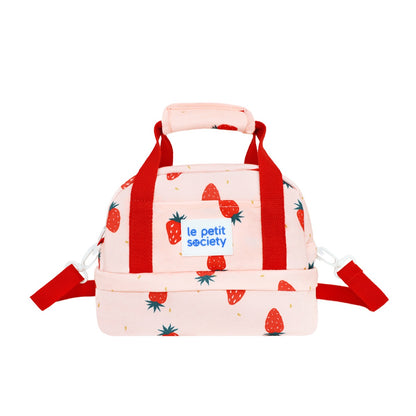 A pink thermal lunch bag in strawberry print by Le Petit Society.
