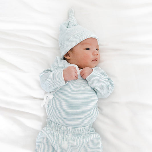 Baby Organic Knotted Hat in Blue Stripes by Le Petit Society