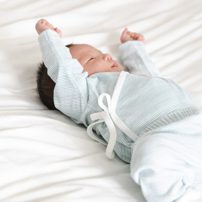 Baby Organic Long Sleeves Kimono Top in Blue Stripes by Le Petit Society