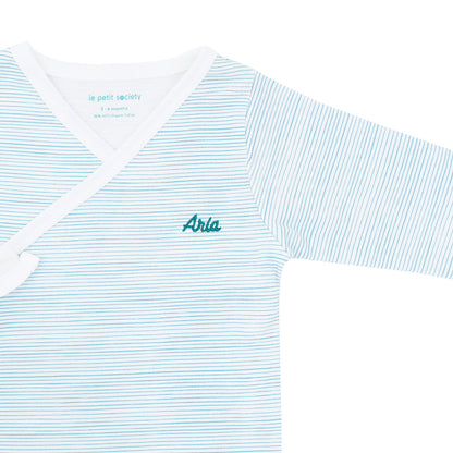 Baby Organic Long Sleeves Kimono Top in Blue Stripes by Le Petit Society — image 4