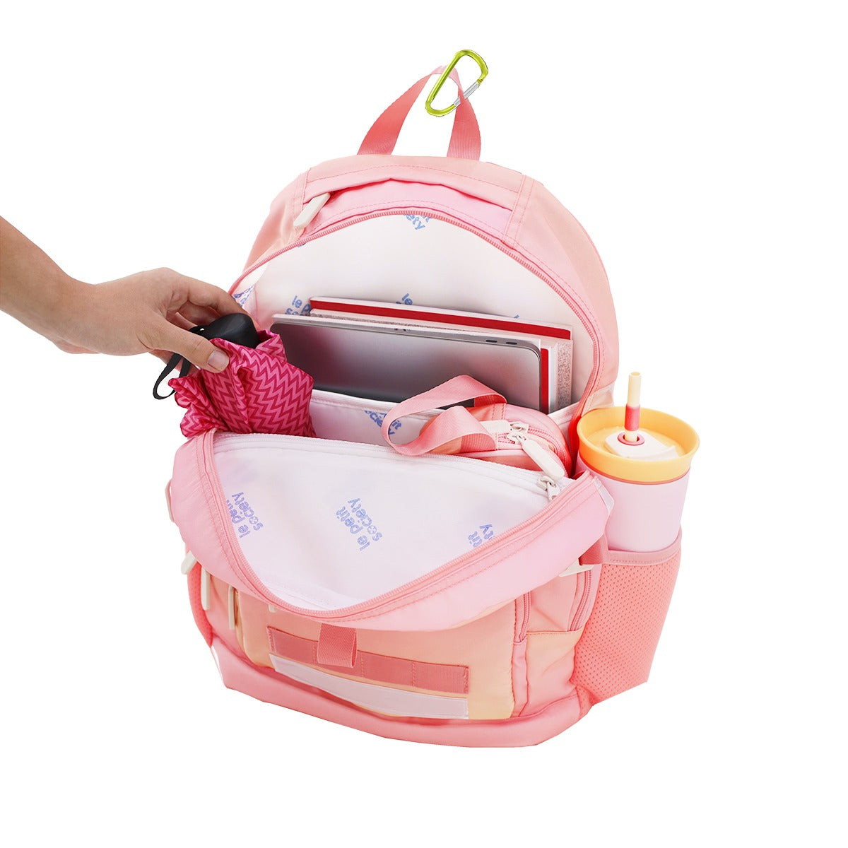 The LPS kids double pocket school bag containing an umbrella, pencil case, water bottle, laptop and notebooks.