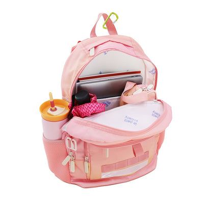 The LPS kids double pocket school bag containing a water bottle, pencil case, umbrella, laptop and notebooks.