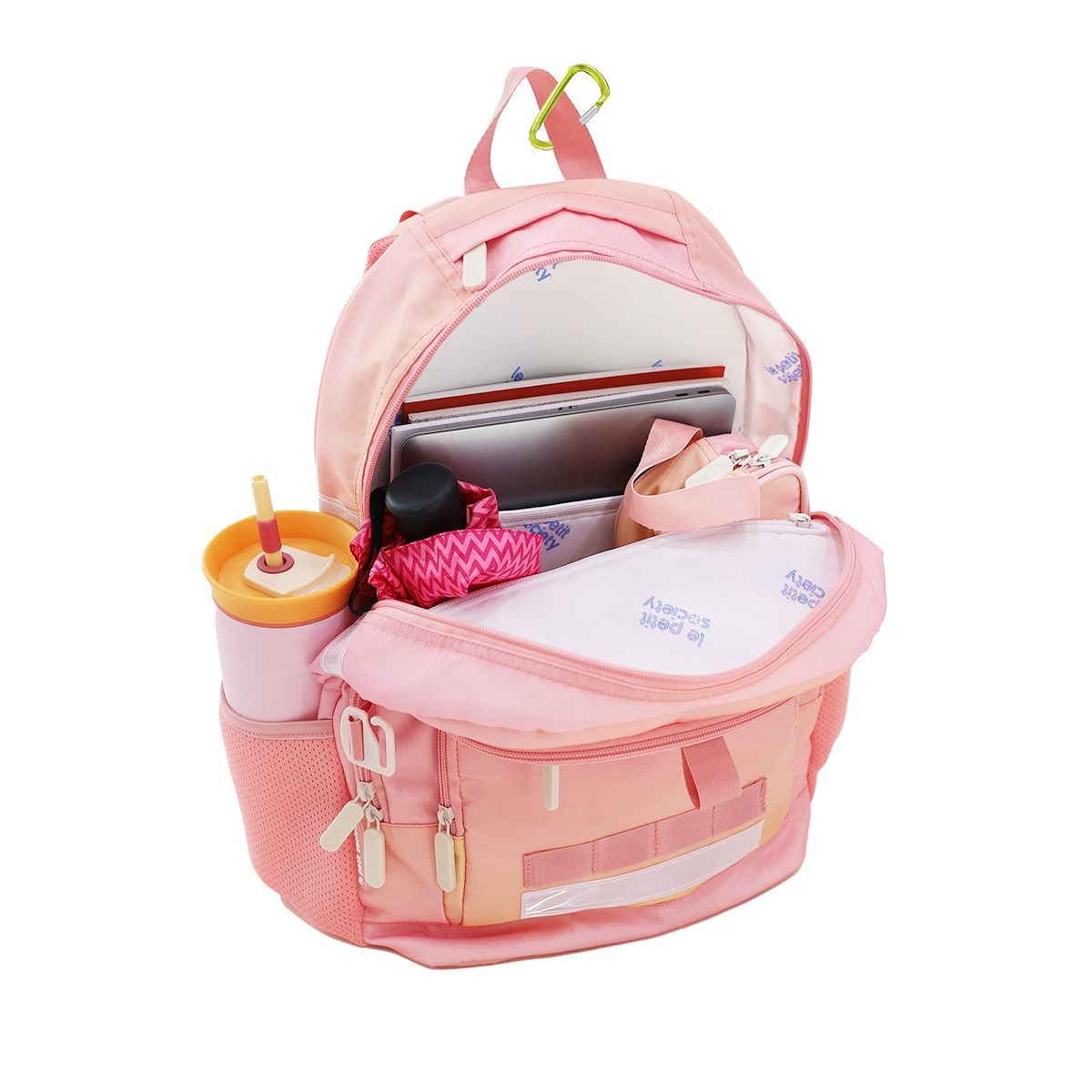 The double pocket school bag containing an umbrella, a pencil case, notebooks, laptop and a water bottle.