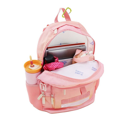 The double pocket school bag containing an umbrella, a pencil case, notebooks, laptop and a water bottle.
