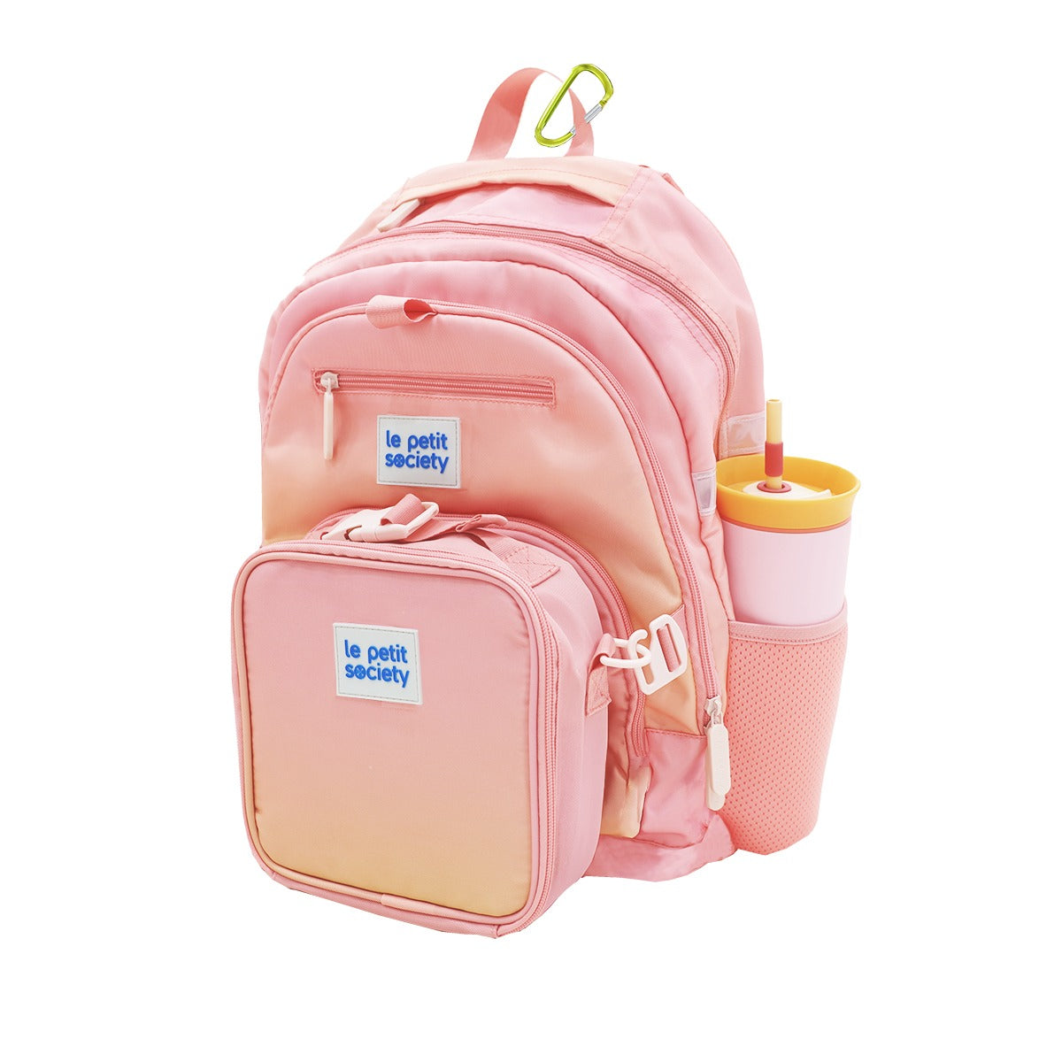 The LPS kids essential school bundle consisting of a double pocket school bag and mini lunch bag in a pink and yellow ombre.