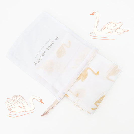 Baby Organic Swaddle in Swan Print by Le Petit Society
