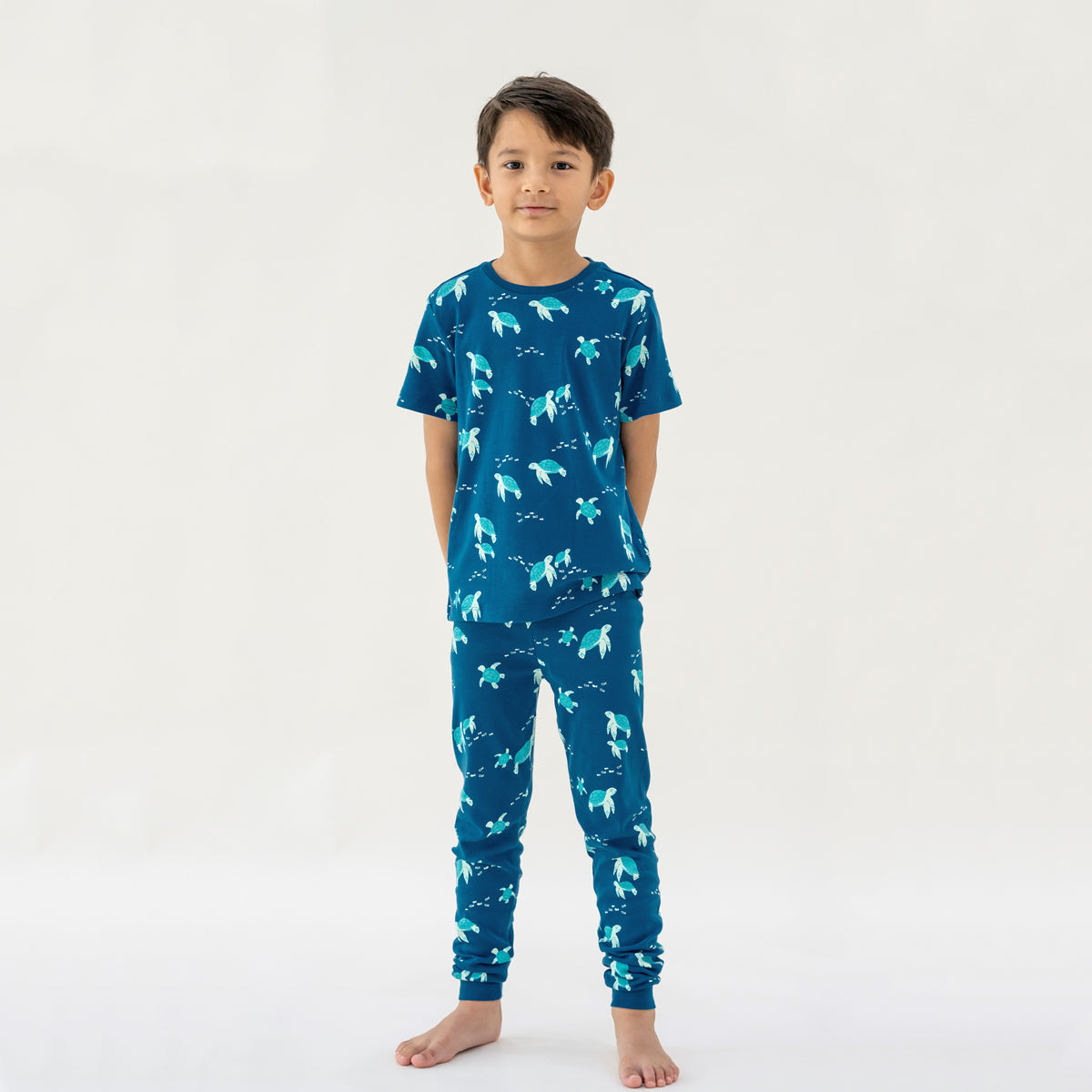 Kids Short Sleeves Organic Pyjamas Set in Turtle Print by Le Petit Society — image 6