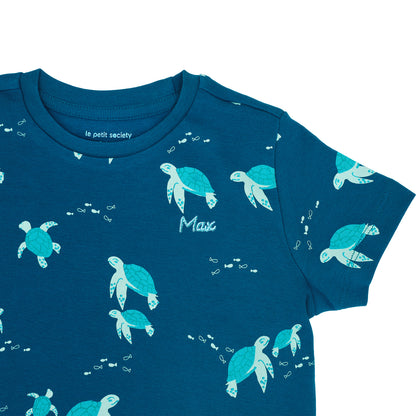 Kids Short Sleeves Organic Pyjamas Set in Turtle Print by Le Petit Society — image 5