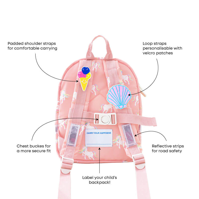 The various features of a pink preschool bag.