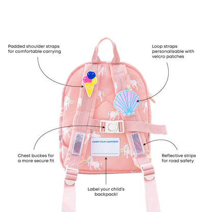 The various features of a pink preschool bag.