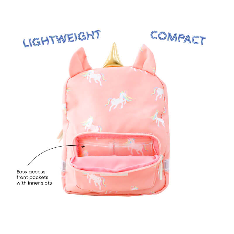 Infographic showing the inner slots in the front pocket of a pink preschool bag.