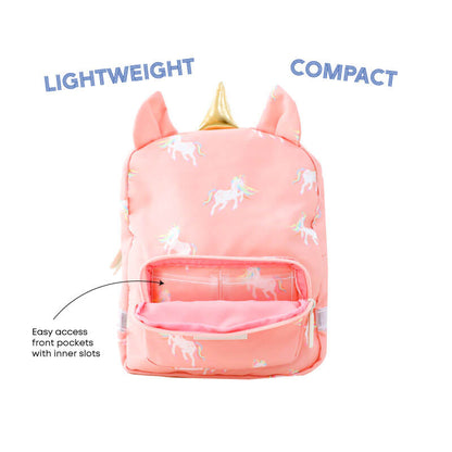 Infographic showing the inner slots in the front pocket of a pink preschool bag.