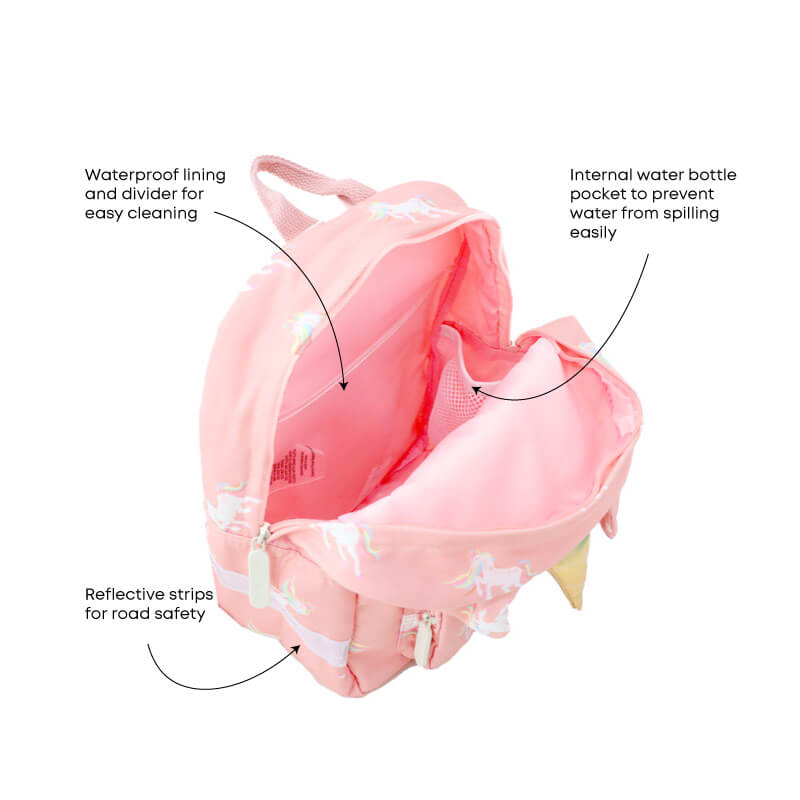 Infographic showing the various features of a pink preschool bag.