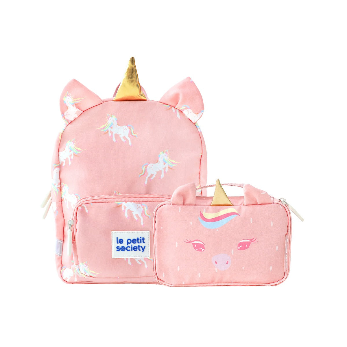 A pink preschool bag and pencil case bundle with a unicorn print and gold horns.