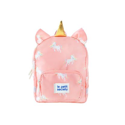 A pink preschool bag with a unicorn print, a pair of ears and a gold horn.