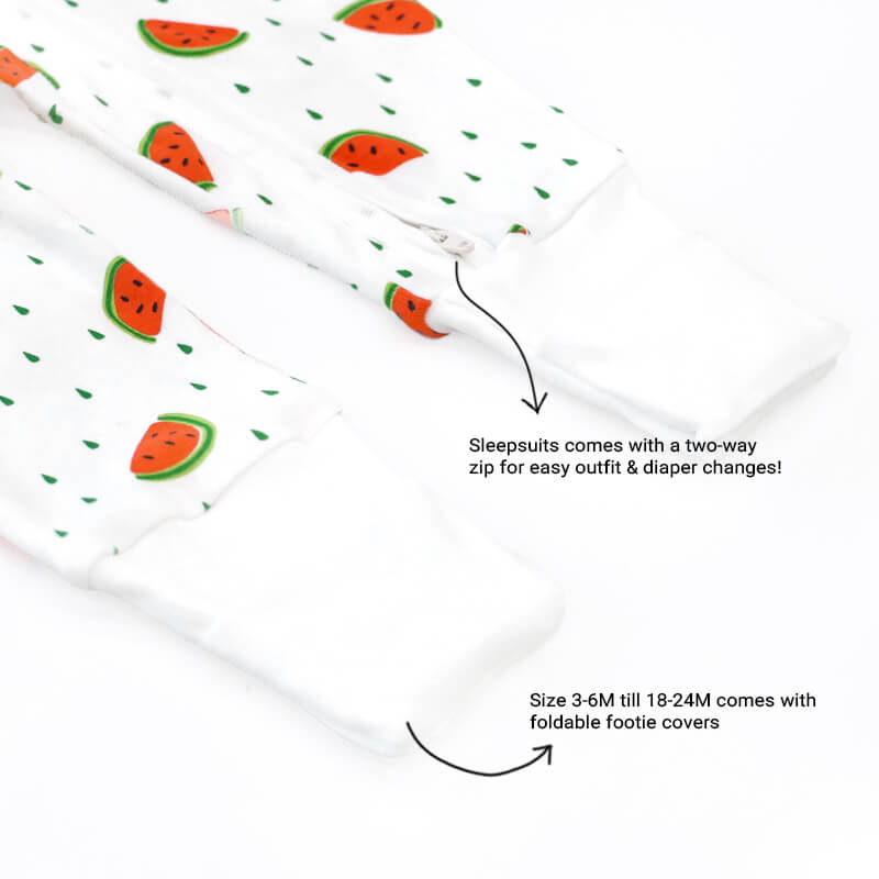 An infographic demonstrating the two-way zipper of a baby zip sleepsuit,  in watermelon print and its function of providing an easy access to outfit and diaper changes.