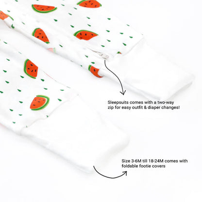 An infographic demonstrating the two-way zipper of a baby zip sleepsuit,  in watermelon print and its function of providing an easy access to outfit and diaper changes.