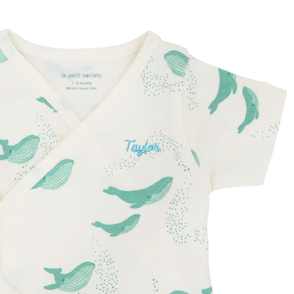 Baby Organic Short Sleeves Kimono Top in Whale Print by Le Petit Society — image 2