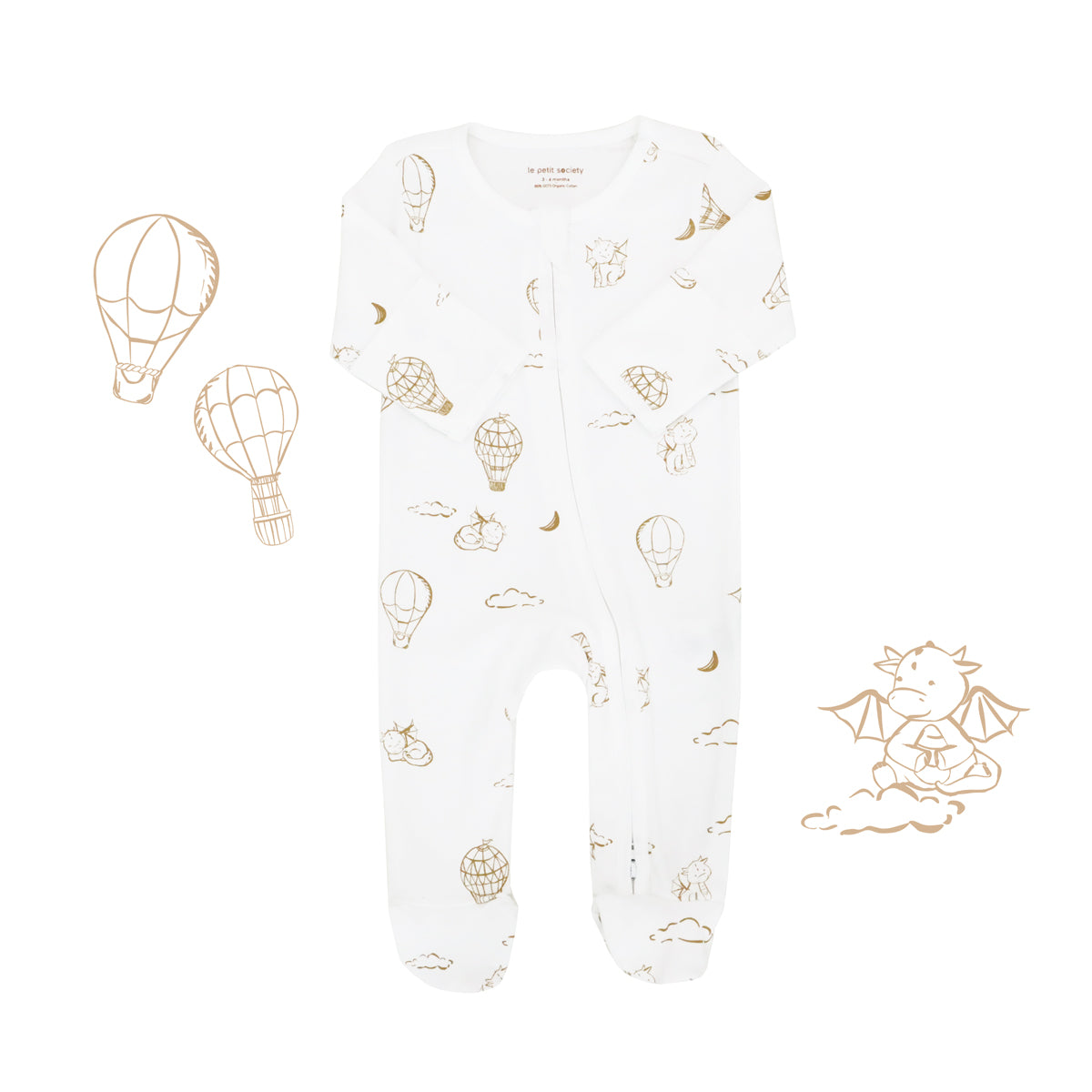 Baby Organic Zip Sleepsuit with Foldable Mittens & Footies - Dreamy Dragon in White by Le Petit Society — image 11