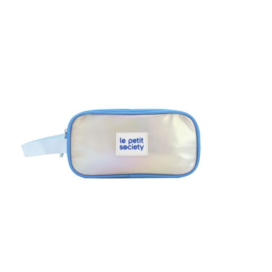 Le Petit Society's double zip pencil case in an iridescent blue and silver design.