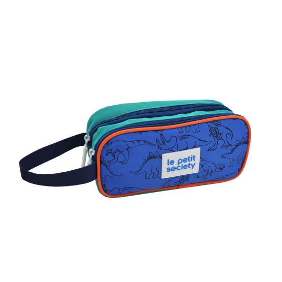 A blue and orange pencil from Le Petit Society with teal accents, double zips, a dinosaur print and a black handle.