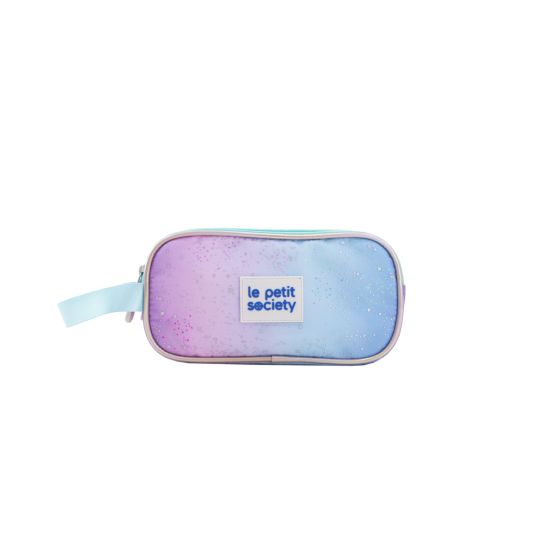 A purple and blue gradient pencil case with a galaxy print, blue handle and double zips from Le Petit Society. 