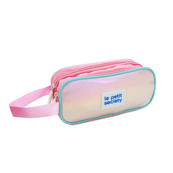 An iridescent pink pencil case with a teal accent, double zips and a pink handle from Le Petit Society.