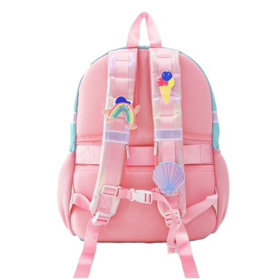 The shoulder straps of a Le Petit Society customised with velcro patches.