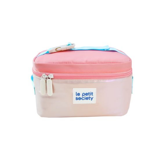 A thermal lunch bag in an iridescent pink design.