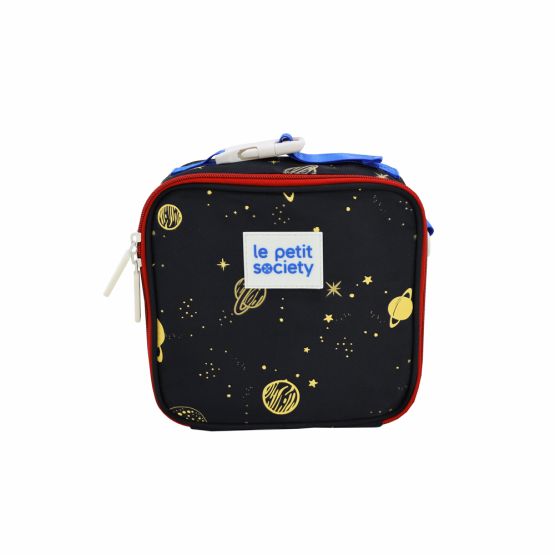 A thermal mini lunch bag in black, with a planet print and red and blue accents.