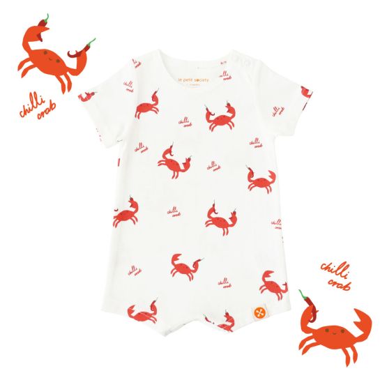A white baby romper with a red chilli crab print from Le Petit Society.