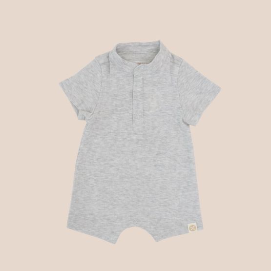 A baby boy rib knit romper in grey from Le Petit Society.