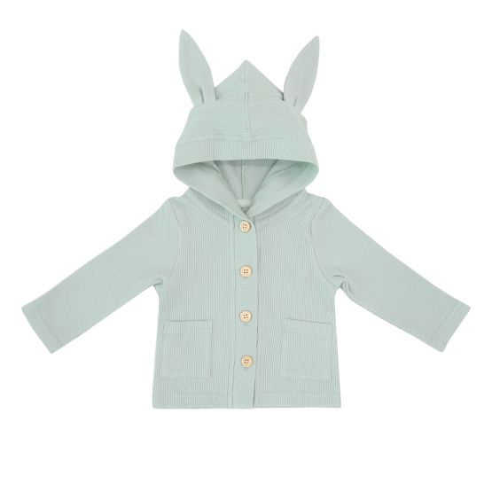 A sage green baby cardigan from Le Petit Society. Made with waffle jersey fabric, it also comes with bunny ears on the hood and two front pockets.