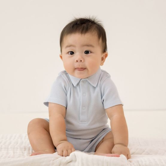 Baby Polo Romper in Baby Blue Waffle Jersey
