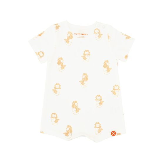A white baby romper with an orange Merlion print from Le Petit Society.
