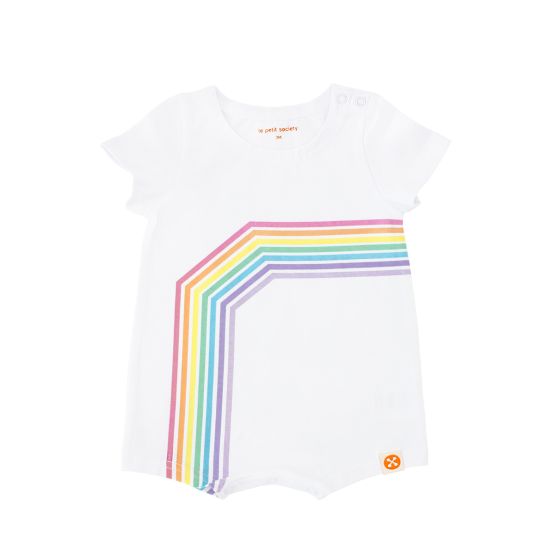 A white baby romper with a pastel print of the left arc of a rainbow from Le Petit Society's rainbow series.