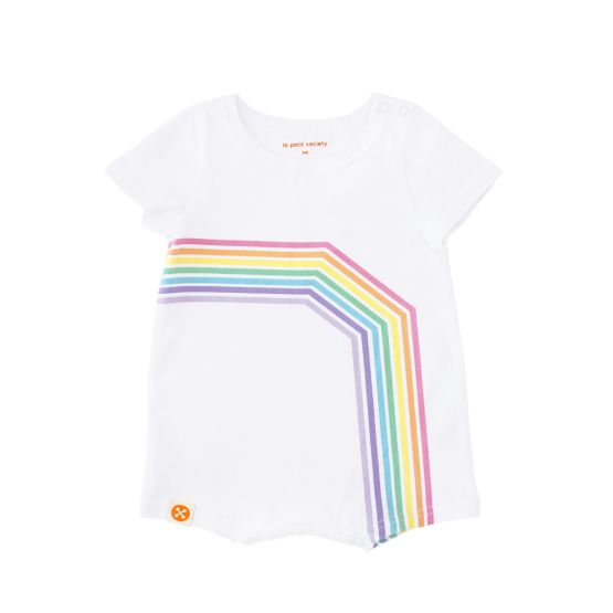A white baby romper with a pastel print of the right arc of a rainbow from Le Petit Society's rainbow series.