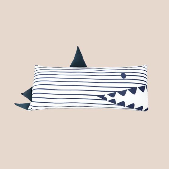 A kids' bamboo pillow with a navy shark design in medium by Le Petit Society.