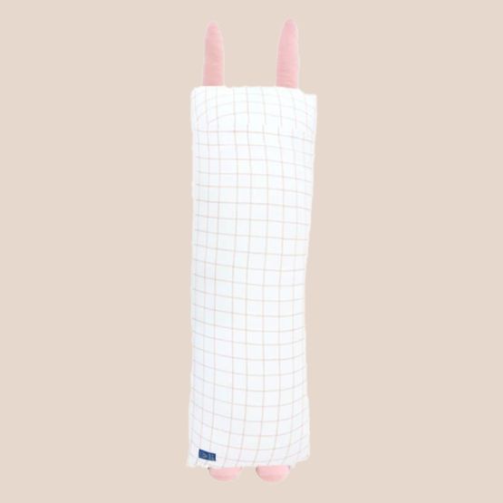 The back of a kids' bamboo pillow with a pink bunny design in large by Le Petit Society.