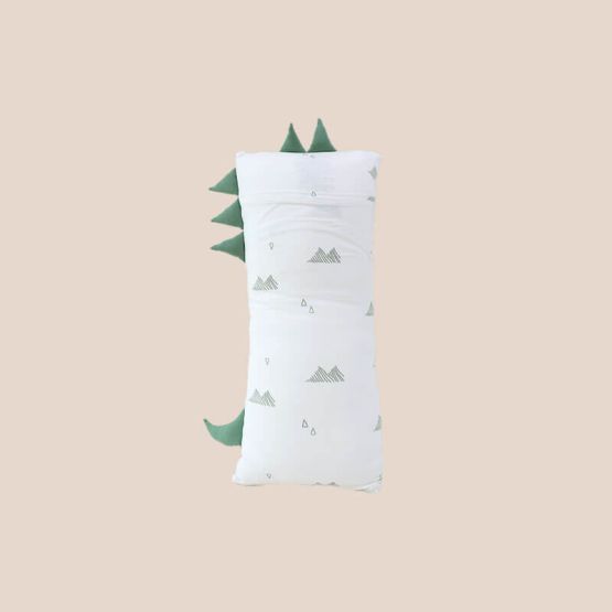 The back of a kids' bamboo pillow with a green dinosaur design in mini by Le Petit Society.