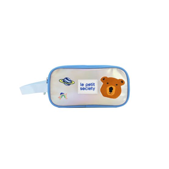 A pencil case from Le Petit Society, customised with sticker patches.