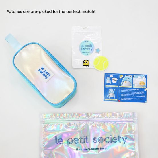 A customisable party pack of a pencil case and tennis-themed sticker patches by Le Petit Society.