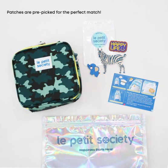 A mini thermal lunch bag in camouflage print and safari-themed sticker patches for personalisation from Le Petit Society's customisable party pack.