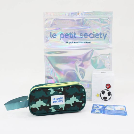Le Petit Society's soccer0themed customisable party pack, with a pencil case in camouflage print and sticker patches for personalisation.