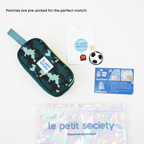 A pencil case in camouflage print and soccer-themed sticker patches from Le Petit Society's customisable party pack.