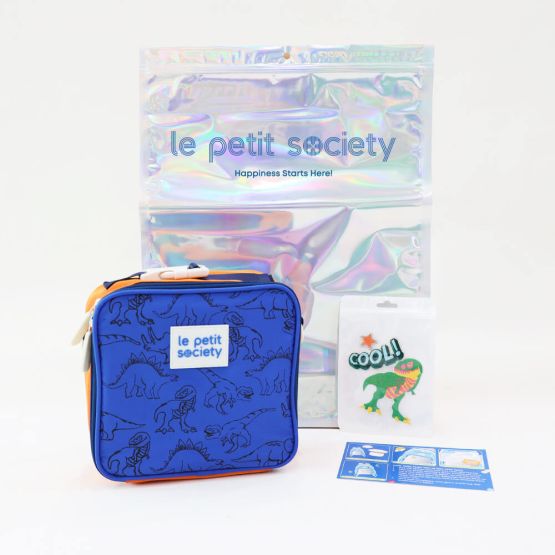 A dinosaur-themed customisable party pack by Le Petit Society, consisting of a mini lunch bag and sticker patches.