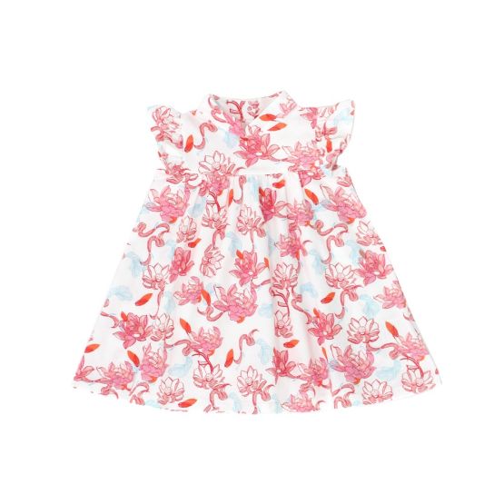 A front view of the girls’ dress from the Le Petit Society x Sheila Sim CNY 2026 Lotus Collection. The soft ruffled sleeves and mandarin-inspired neckline frame the flowing A-line silhouette, while the hand-painted lotus blossoms in coral, blush and touch