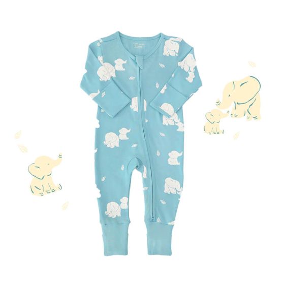 An organic baby zip sleepsuit from Le Petit Society. It is teal blue in colour with an elephant print and foldable mittens and footies.