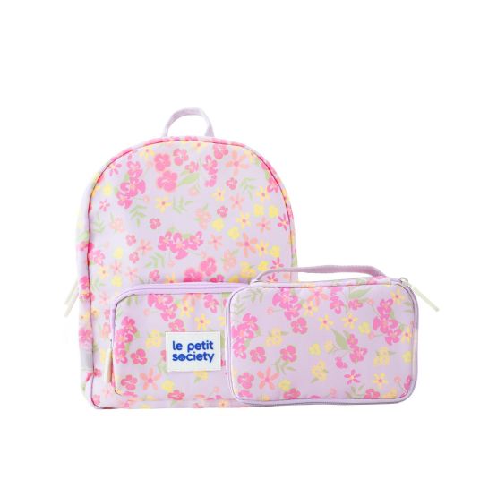 A purple preschool bag and pencil case bundle in pink and yellow floral print.