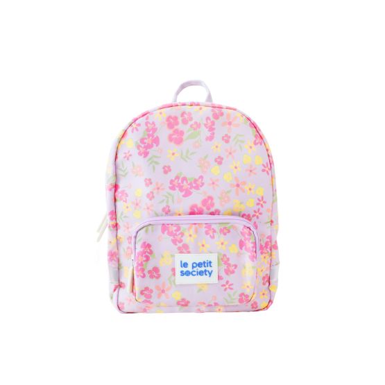 A purple preschool bag with pink and yellow floral print.